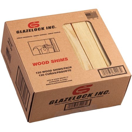 GLAZELOCK 8" x 1-1/4" x 3/8" Natural Pine Wood Shims 120pk Retail Box WS03